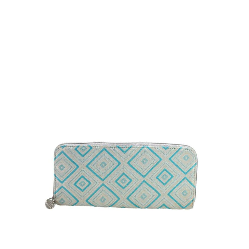 KOTUR Womens Geometric Print Metallic Jeweled Zip Clutch Handbag Silver Blue